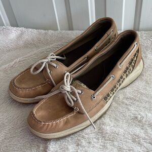 Sperry leather tan leopard print loafer boat shoes